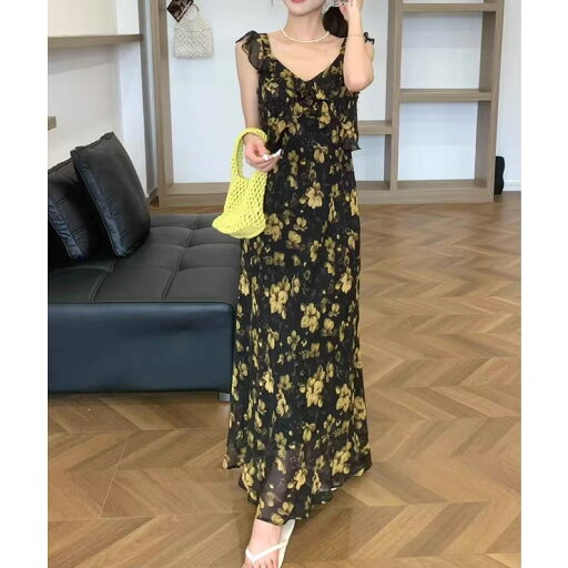 VIVID LADY 花柄 フリルロングワンピース ワンピース・ドレス VIVID LADY 花柄 フリルロングワンピース ワンピース・ドレス
