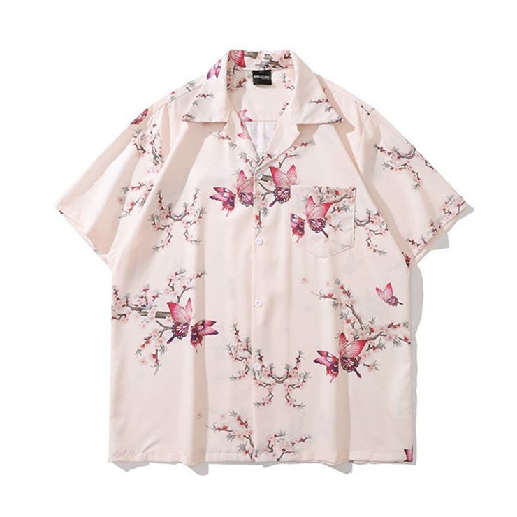 【10％OFFクーポン！1/29(木)1:59まで】Decorative 柄シャツ バタフライ バタフライ柄 蝶 蝶柄 ちょうちょ 花柄 花 フラワー 雲 雲柄 着物柄 和柄 さくら 桜 桃の花 ピンク ベビーピンク 半袖 半袖シャツ オーバーサイズ 衣