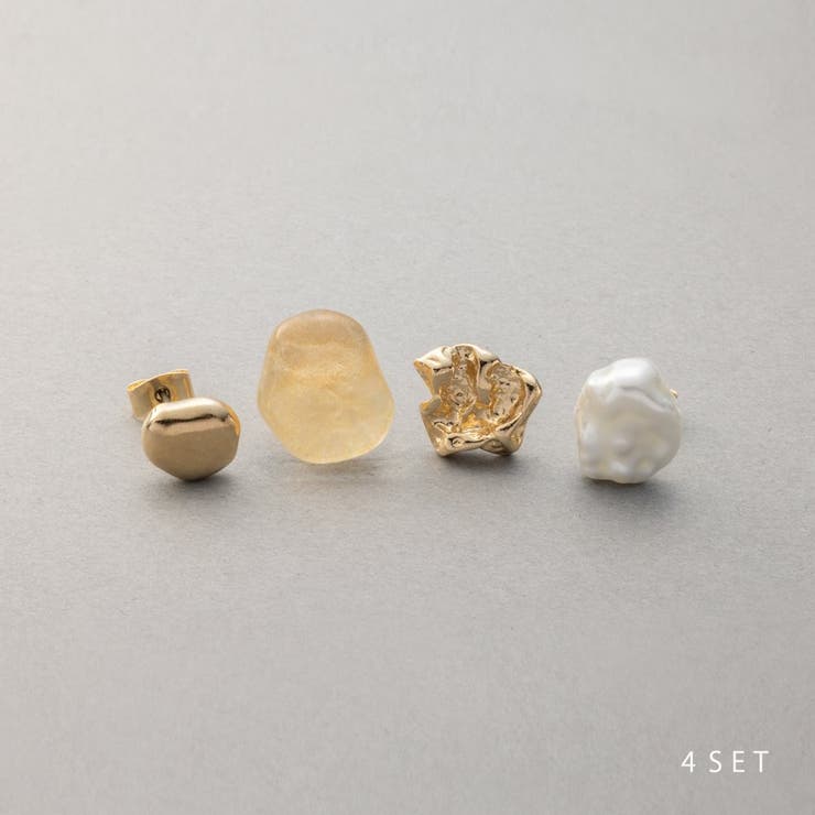 CREAM-DOT 4点セット ピアス チタンポスト 低アレルギー レディース 歪 メタル 凹凸 変形 クリアカラー ストーン バロック調 パール 大人 ゴールド シルバー アクセサリー