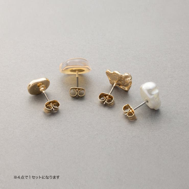 CREAM-DOT 4点セット ピアス チタンポスト 低アレルギー レディース 歪 メタル 凹凸 変形 クリアカラー ストーン バロック調 パール 大人 ゴールド シルバー アクセサリー