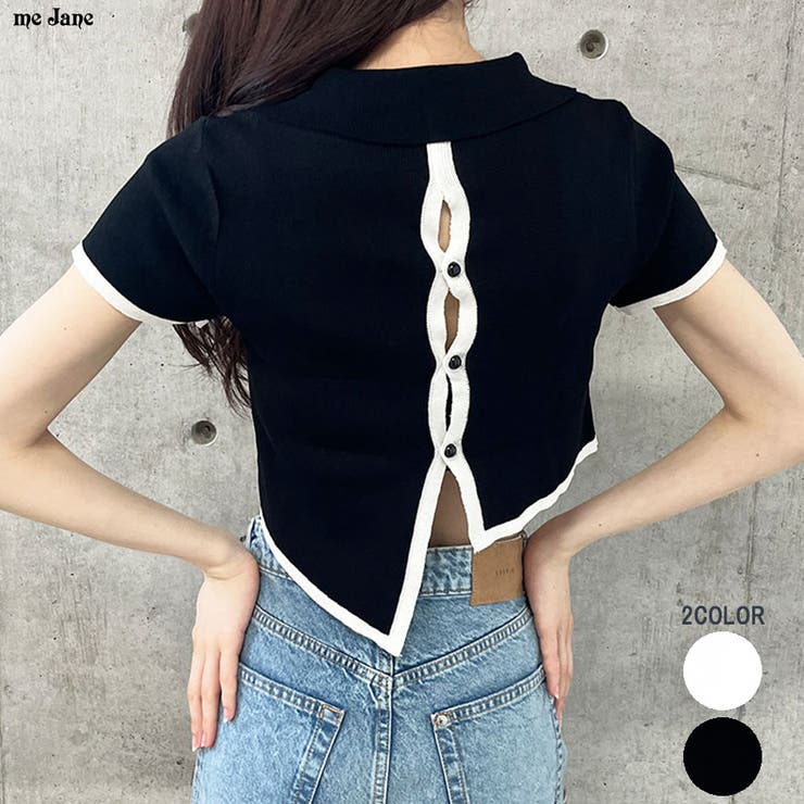 me Jane バックオープン配色バインダーポロ衿半袖ニットトップス トップス