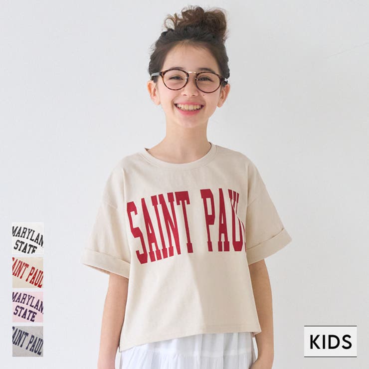 【マラソン期間中 5%OFFクーポン】coca 親子お揃いクロップド丈ロールアッププリントTシャツ キッズ トップスのサムネイル