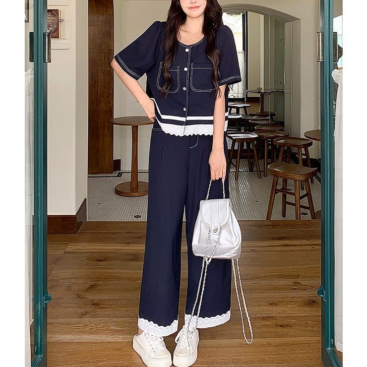 Ulysses シンプルレース切り替えトップス+パンツセットアップ スーツ