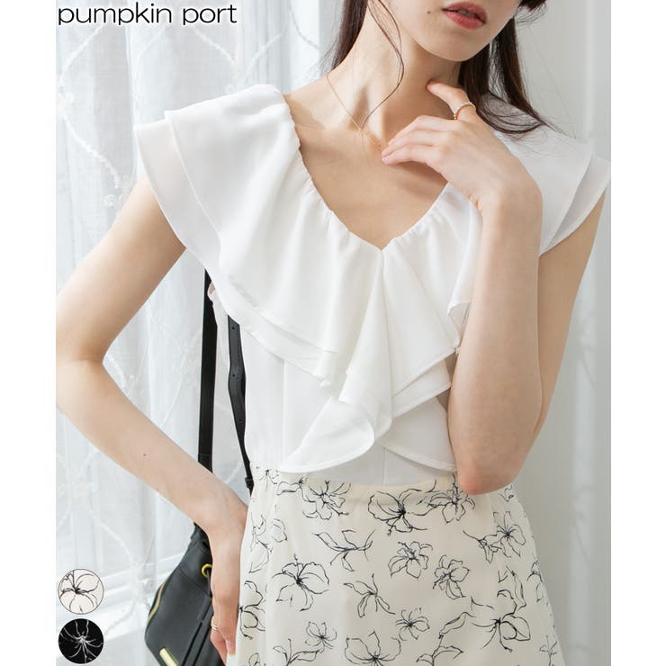 Pumpkin Port 2枚フリル襟 花柄スカート ドッキングロングワンピース ワンピース・ドレス