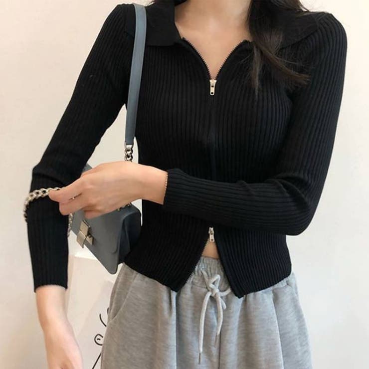 VICTORIA 長袖 リブニット 韓国 ファッション 小さめ トップス セーター 襟付き レディース カットソー ダブルジップニット セーター ワイド リブ編み 無地 きれいめ 長袖 ニットソー ブラック 黒 ホワイト 白 オススメ トップス shoplistselect-10060665 SHOPLIST サンプル画像2