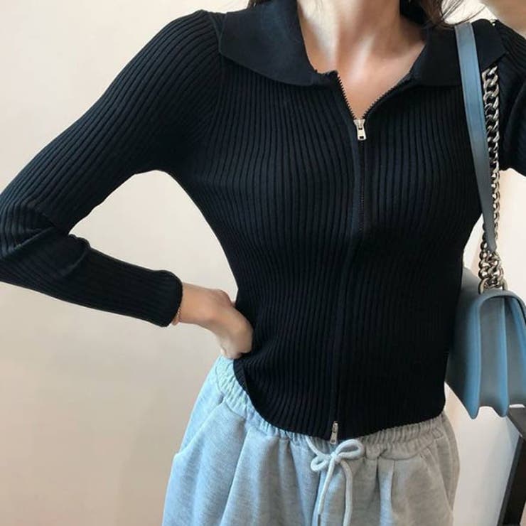 VICTORIA 長袖 リブニット 韓国 ファッション 小さめ トップス セーター 襟付き レディース カットソー ダブルジップニット セーター ワイド リブ編み 無地 きれいめ 長袖 ニットソー ブラック 黒 ホワイト 白 オススメ トップス shoplistselect-10060665 SHOPLIST サンプル画像3