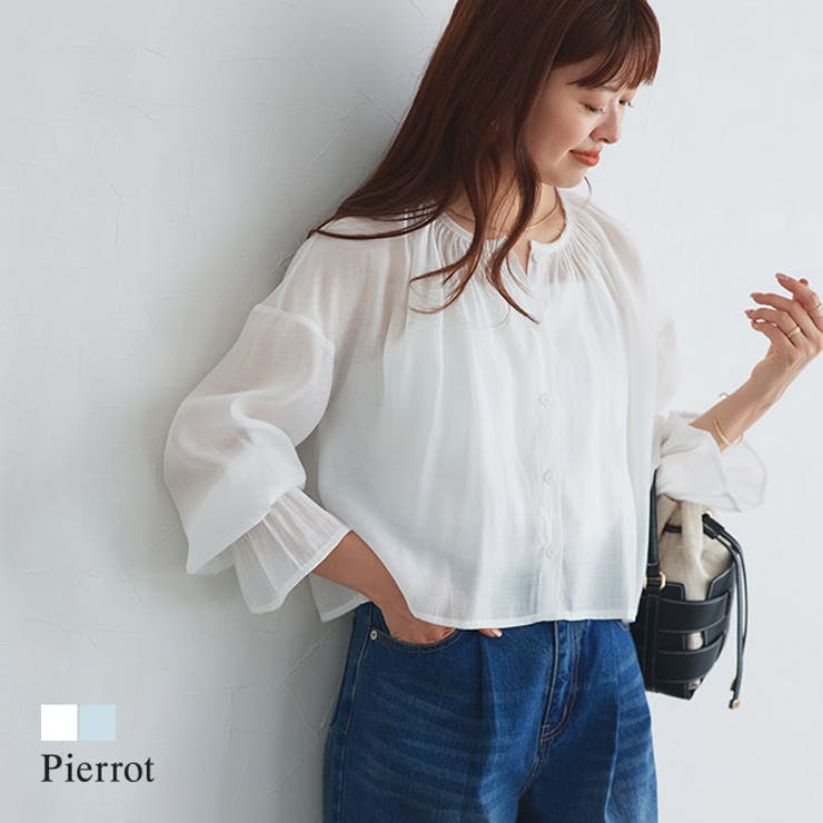 【10％OFFクーポン！6/11(木)1:59まで】Pierrot シアーキャンディブラウス ☆ ブラウス シアー素材 キャンディスリーブ 短丈 羽織り 冷房対策 ピエロ トップス
