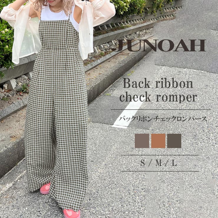 【10％OFFクーポン！11/27(木)1:59まで】JUNOAH バックリボンチェックロンパース パンツ・ズボン