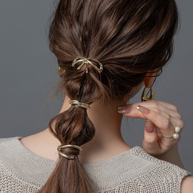 CREAM-DOT 3点セット ポニーフック リボン カーブ ひねり メタル 艶 ダブルライン ヘアフック ヘアカフス ヘアアクセ ヘアアレンジ 簡単 大人 ゴ...