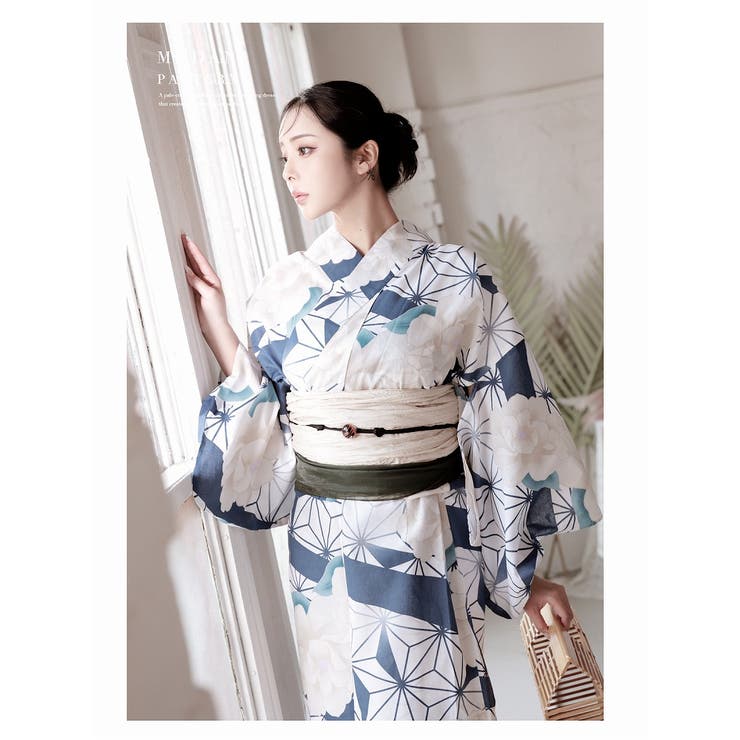Ryuyu 浴衣 白 青 レトロモダン 大正ロマン 古典柄 リーフ おしゃれ 上品 大人浴衣 花火大会 Ryuyu 浴衣・着物