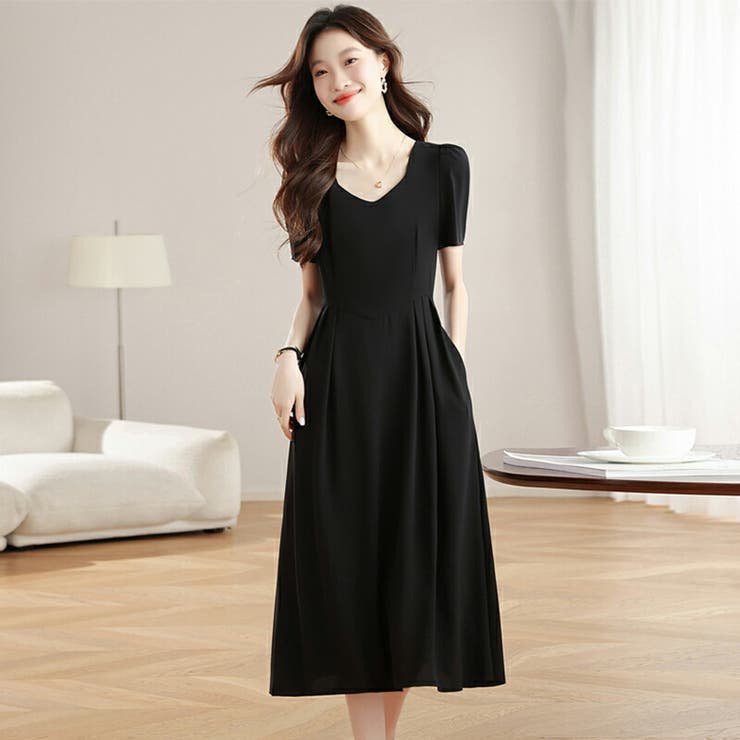 JS FASHION Aライン ロングドレス 半袖 ワンピース 細見え Uネック 黒ワンピース ブラック フォーマル オケージョン 同窓会 結婚式 お呼ばれドレス ポケットあり 入園式 入学式 成人式 S M L XL 2XLサイズ ワンピース・ドレス