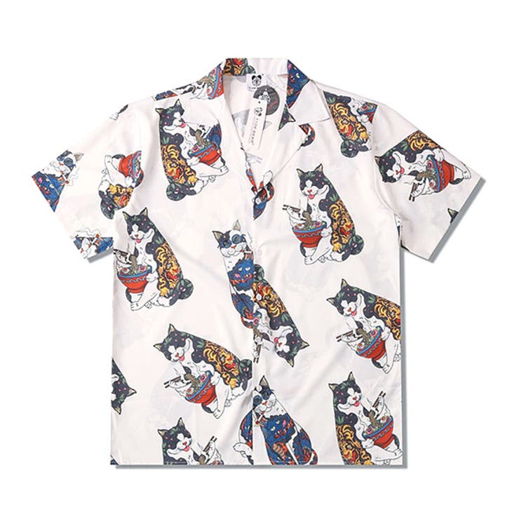 【10％OFFクーポン！7/26(日)1:59まで】Decorative 柄シャツ 猫柄 キャット 猫 ネコ 動物 タトゥー ドラゴン 竜 龍 和風 和柄 虎 サングラス タバコ ホワイト 白 半袖 半袖シャツ オーバーサイズ 衣装 韓国 大きいサイズ