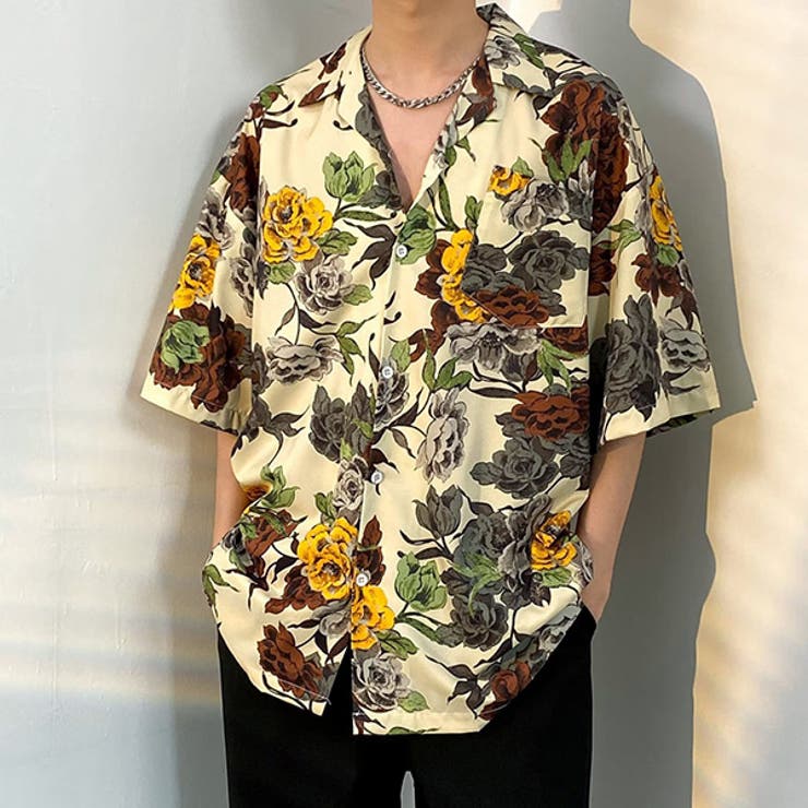 Decorative 柄シャツ バラ 花 花柄 バラ柄 アンティーク ゴブラン風 ジャカード風 イエロー ブラウン グリーン グレー 半袖 半袖シャツ オーバーサイズ 衣装 韓国 大きいサイズ 個性的 春服 夏服 トップス