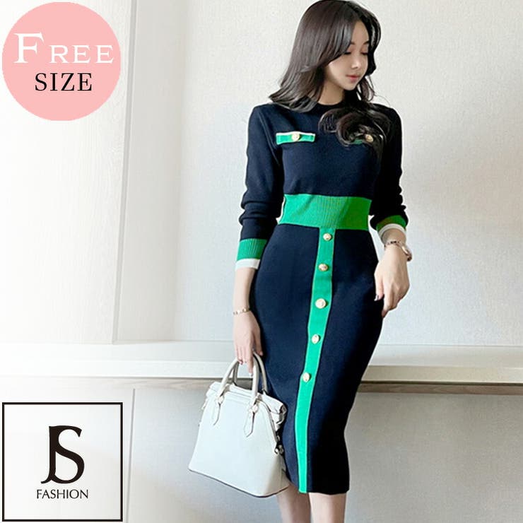 【10％OFFクーポン！1/29(木)1:59まで】JS FASHION ニットワンピース 配色 クルーネック ゴールドボタン飾り タイトワンピース 長袖 タイト ワンピース ミディアム丈 膝丈 ミモレ丈 きれいめ スリム 細見え デイリー おしゃれ セ