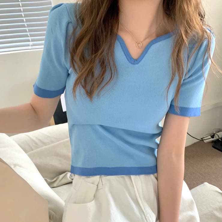 【10%OFFクーポン!11/27(木)1:59まで】LADY LIKE 変形Vネック配色ニット V開き 半袖 バイカラー トリミング コンパクト タイト カジ...