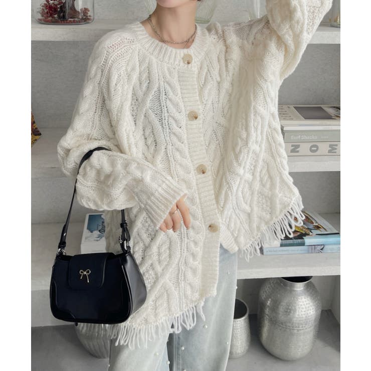 Ada. 前後2WAY ケーブル フリンジ オーバーサイズ カーディガン トップス