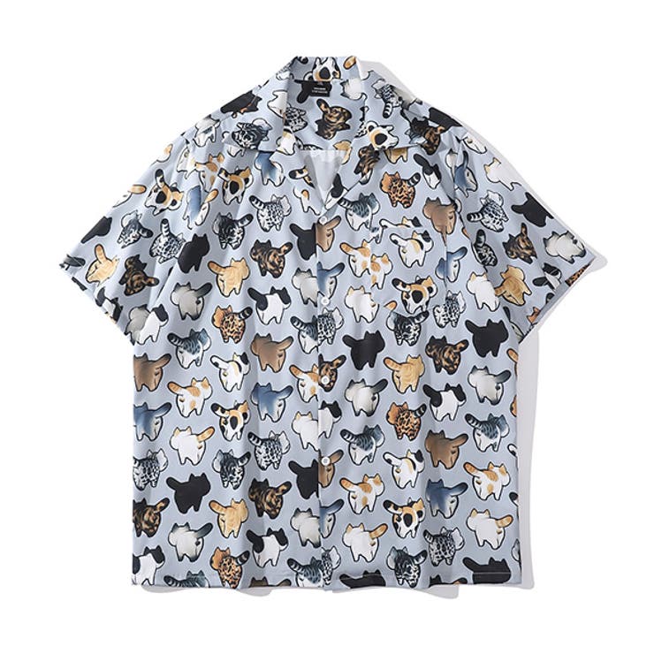 【10％OFFクーポン！1/29(木)1:59まで】Decorative 柄シャツ 猫柄 キャット柄 ネコ 後ろ姿 動物 アニマル ファニー グレー ブルー オープンカラー 半袖 半袖シャツ オーバーサイズ 衣装 韓国 大きいサイズ 個性的 春服 夏服