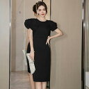 JS FASHION パーティードレス デザイン ボリューム袖 タイトワンピ 無地 半袖 ブラックドレス 黒 タイト ワンピース 膝丈 ひざ丈 ミディアム丈 きれいめ 上品 結婚式 二次会 お呼ばれ 成人式 春 夏 秋 冬 オケージョン 60代 50代