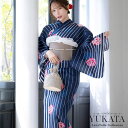Tika 毬×ストライプ柄浴衣3点セット 作り帯 下駄 レディース浴衣 浴衣セット レトロ浴衣 ガーリー浴衣 ネイビー 伊藤舞雪 LaLaTulle ララチュール 浴衣・着物