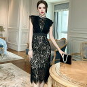JS FASHION パーティードレス 花柄 レース ポケット ハイネック ビジュー付き 胸元フリル タイトワンピ ノースリーブ ブラックドレス 黒 膝丈 ひざ丈 ミディアム丈 きれいめ セクシー お呼ばれ 春 夏 秋 オケージョン 60代 50代 4
