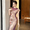 JS FASHION 花柄 ワンピース オープンショルダー ビジューネック チュール生地 シースルー アート花柄 パーティードレス 半袖 同窓会 60代 50代 40代 ミディアム丈 膝丈 きれいめ エレガント リゾート 謝恩会 春 夏 秋 冬 オケージ
