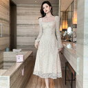 JS FASHION レースワンピ 花柄 総柄 ベルスリーブ ビジュー付き Aライン フレア パーティードレス 長袖 ミモレ丈 膝丈 ひざ丈 シア- きれいめ おしゃれ 上品 エレガント 謝恩会 同窓会 お呼ばれ 春 夏 秋 冬 オケージョン【jy830