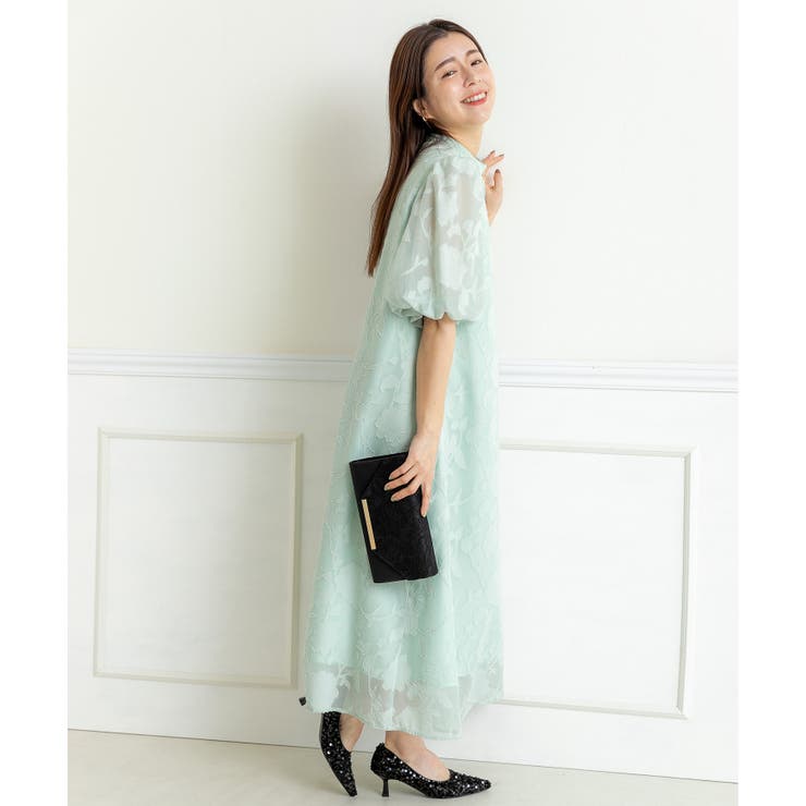 PREFERIR 花柄ジャガードランタンスリーブAライン結婚式パーティードレス ワンピース・ドレス