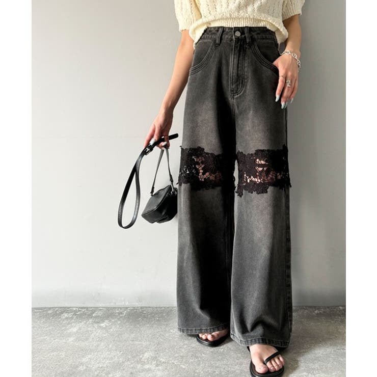 Classical Elf 【mily bilet】特別な個性を持つオンリーワンの仕上がり！花柄レースワイドデニムパンツ パンツ・ズボンのサムネイル