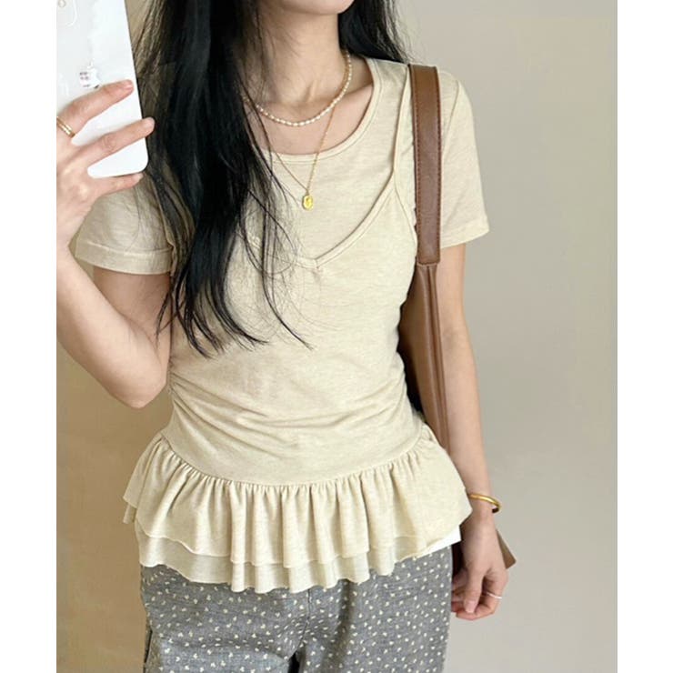 aimoha 【Jasmine】レイヤード風裾フリルTシャツ Jasmine Grandiflorum トップス