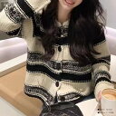 VIVID LADY カジュアルながら素敵な配色ストライプニットカーディガン レディース 長袖 ニット ショート丈 カーディガンニット クルーネックニカーディガン 可愛いアウター oudo1408 トップス