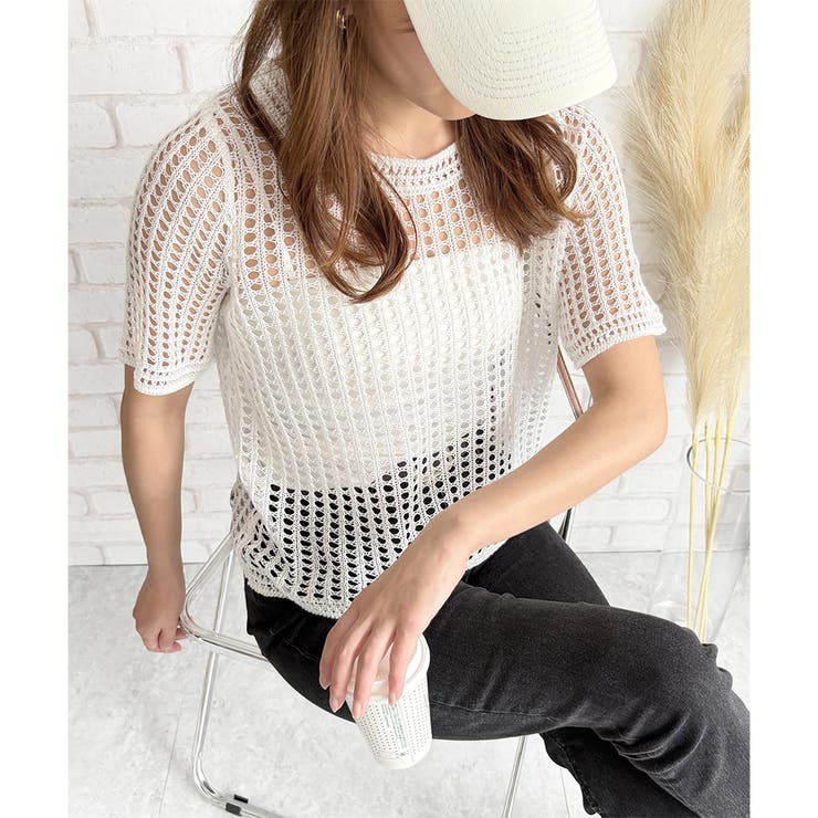 Amulet メッシュ編み半袖トップス 夏服 通気性 韓国ファッション レディース 春夏 着回し 体型カバー かわいい 重ね着 カジュアル おしゃれ 白黒 シンプル トップス shoplistselect-10316125 SHOPLIST サンプル画像2