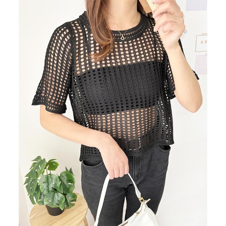 Amulet メッシュ編み半袖トップス 夏服 通気性 韓国ファッション レディース 春夏 着回し 体型カバー かわいい 重ね着 カジュアル おしゃれ 白黒 シンプル トップス shoplistselect-10316125 SHOPLIST サンプル画像3
