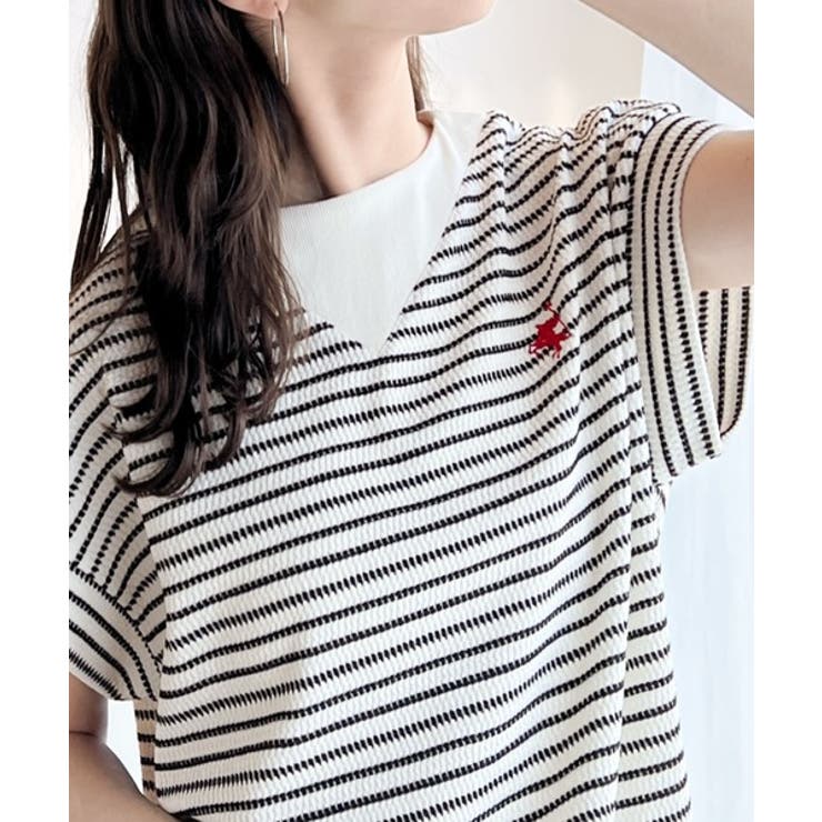 Classical Elf ポコポコ素材で大人フレンチ。オーガニックコットン胸刺繍ネック切替半袖プルオーバー トップスのサムネイル