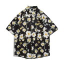 【5%OFFクーポン 9/11 1:59まで】Decorative 柄シャツ 花柄 白い花 フラワー 花 ボタニカル フローラル デジタルプリント ブラック ホワイト 黒 白 半袖シャツ オーバーサイズ 衣装 韓国 大きいサイズ 個性的 春服 夏服 トッ