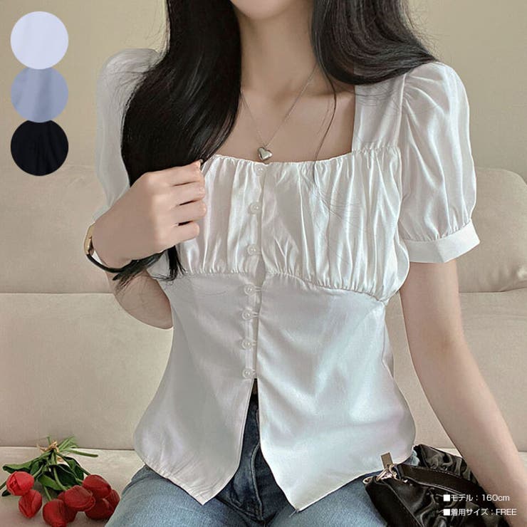 VIVID LADY スクエアネックブラウス半袖 レディース シャーリング入り ボリューム袖 オフィスブラウス 韓国ファッション 半袖 カジュアル ブラウス オフィスブラウス 大人しい blds3239 トップスのサムネイル