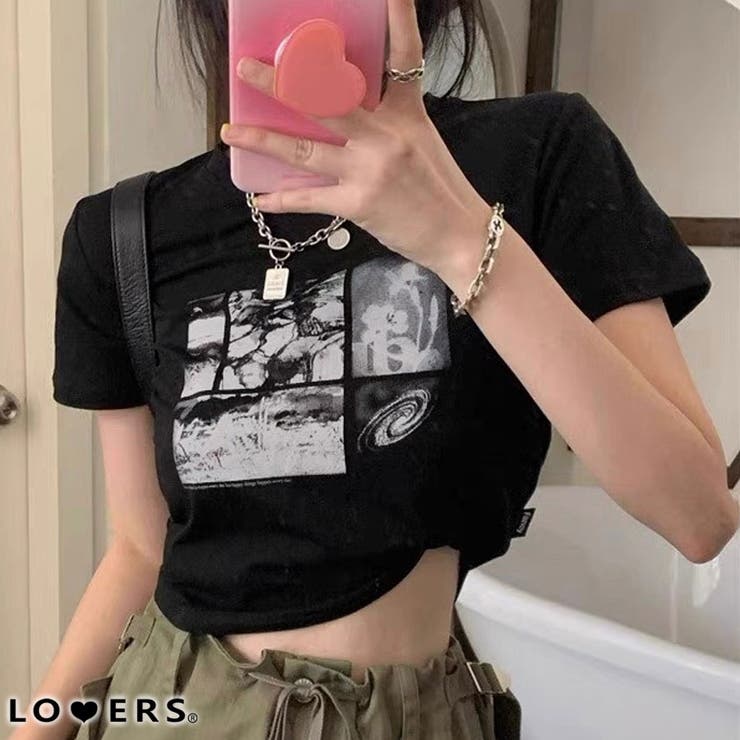 LOVERS 冬新作 モノクロフォトプリント ショート丈 チビTシャツ ma 韓国カジュアル トップス Tシャツ チビT クロップド丈 ミニ丈 フォトプリント レトロプリント ブラック レディース 韓国 Y2Kファッション 韓国ストリート 流行り トレン