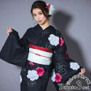 Tika 黒地×大輪ローズプリント浴衣3点セット 作り帯 下駄 粋浴衣 レトロ浴衣 レディース浴衣 浴衣セット ブラック 薔薇 みゆう Tika ティカ 浴衣・着物