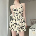 kirakiraShop 花柄フレアワンピース スイムウェア ワンピース水着 オールインワン フリル フレアスカート 体型カバー パンツ付き レトロ調 花柄 ノンワイヤー 体型カバー ホルターネック 海外ファッション 韓国 水着