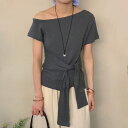 レースレディース ワンショルダー ウエストリボン アシンメトリー 半袖 カットソー トップス 半袖 レディース 女性 夏 サマー 無地 単色 肌見せ ヘルシー トレンド ウエストマーク スタイルアップ モード フェミニン おしゃれ 大人っぽい デイリー