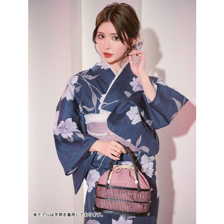 Tika Tika 浴衣2点セット 浴衣 作り帯 水彩タッチ大輪フラワー柄 麻の葉地紋 レディース浴衣 レトロ浴衣 レトロモダン フリーサイズ ネイビーピンク ゆんころ 浴衣・着物