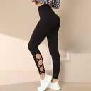 レースレディース サイド カットアウト ハイウエスト レギンス パンツ 女性 レディース ボトム パンツ スパッツ 単色 無地 スポーティ 腰高設計 お腹カバー...
