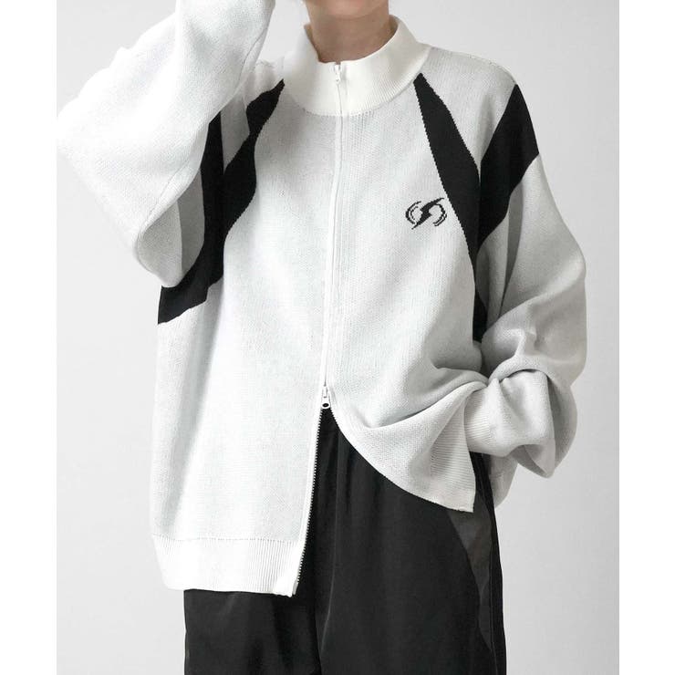 【10％OFFクーポン！11/27(木)1:59まで】SHIFFON Confirm コンファーム Y2K ダブルジップ ワンポイントロゴ ジャガードニット フルジップドライバーズニット ユニセックス おしゃれ かっこいい ブランド トップス