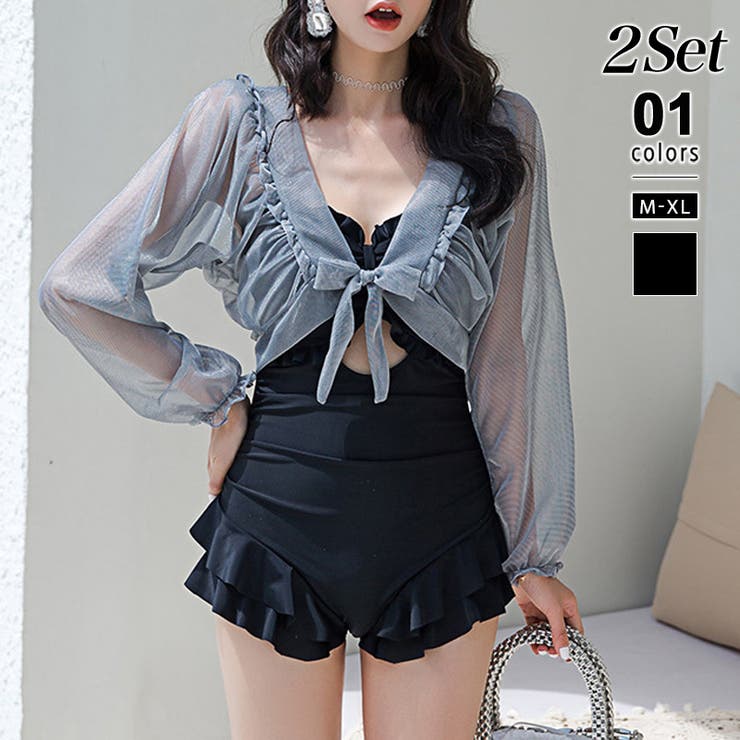 COCOMOMO 【2点セット】 フリル水着 シアーボレロ モノキニ 水着体型カバー ママ水着 水着 ワンピース ボレロ セット モノキニ レディース モノキニ水着 フリル シアー カーディガン 長袖 日焼け 対策 体型カバー ワンピース水着 夏 韓国