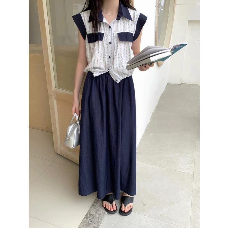 Ulysses 袖なしカラーコントラストの襟付きシャツトップススカートセットアップ スーツ