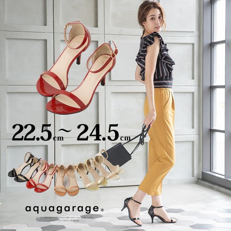 aquagarage サンダル 靴 シューズ くつ 7.5cmヒール アンクルストラップ オープントゥ エナメル PUレザ..