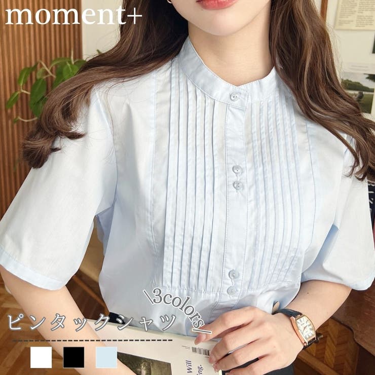moment+ T/Cブロード バンドカラー半袖ピンタックシャツ トップスのサムネイル
