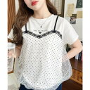 moment+ 綿100%天竺×フロッキードットチュールバルーンビスチェレイヤード半袖Tシャツ トップス