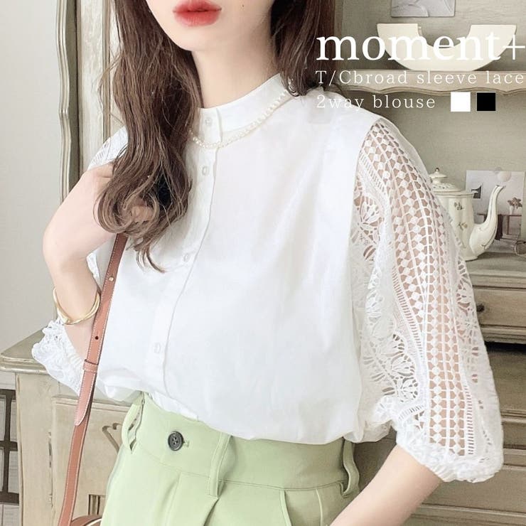 【10％OFFクーポン！3/26(木)1:59まで】moment+ 半袖レースブラウス T/Cブロード トップス