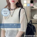 moment+ メッシュ透かし編みクロップドニット半袖プルオーバー トップス