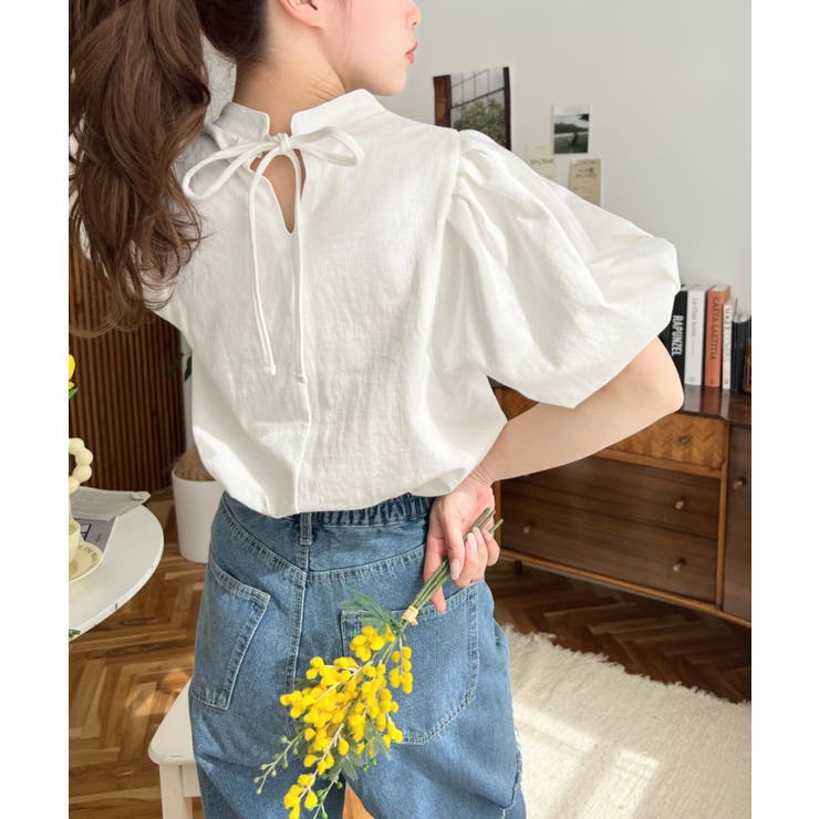 moment+ バックリボンパフスリーブ半袖Tシャツ トップス